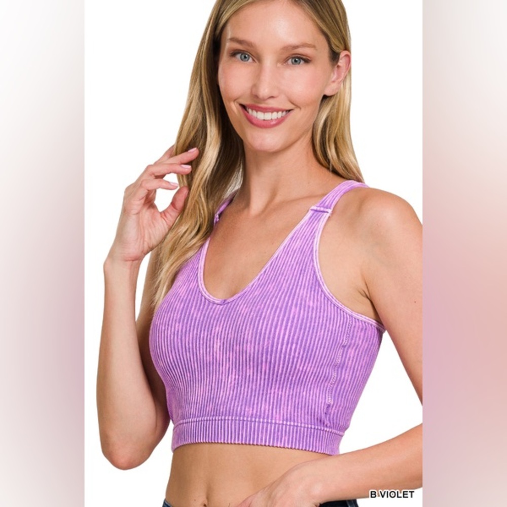 Zenana WASHED RIBBED CROPPED SEAMLESS BRA PADDED TANK TOP